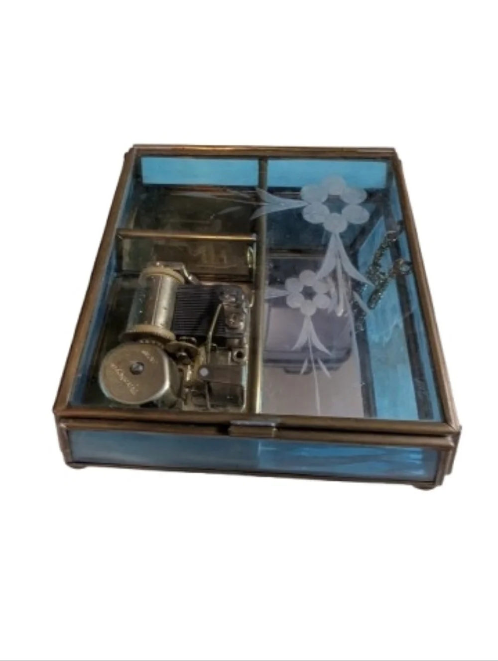 Vintage Blue Glass Trinket Music Box Plays Lara's Theme Sankyo Working
